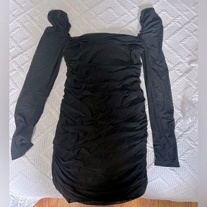 Women’s Square Neck Mesh Puff Long Sleeve Bodycon Mini Dress Pure Black